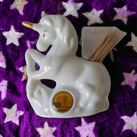 Vtg Atlanta GA Unicorn Toothpick Holder State Souvenir Ceramic Horse White Gold. - Picture 1 of 16
